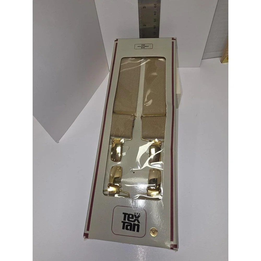 Vintage Deadstock Tex Tan khaki suspenders feature a one-size adjustable design